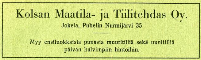 Kolsan Maatila ja tiilitehdas1930